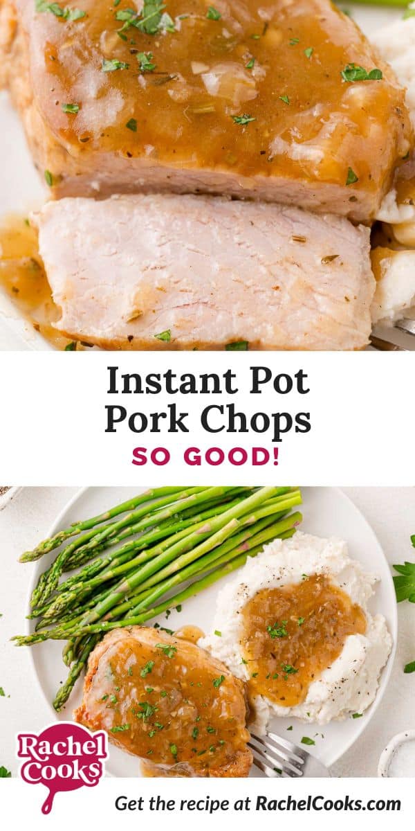 Instant Pot pork chop Pinterest graphic with text and photos.