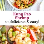 Kung pao shrimp Pinterest graphic with text and photos.