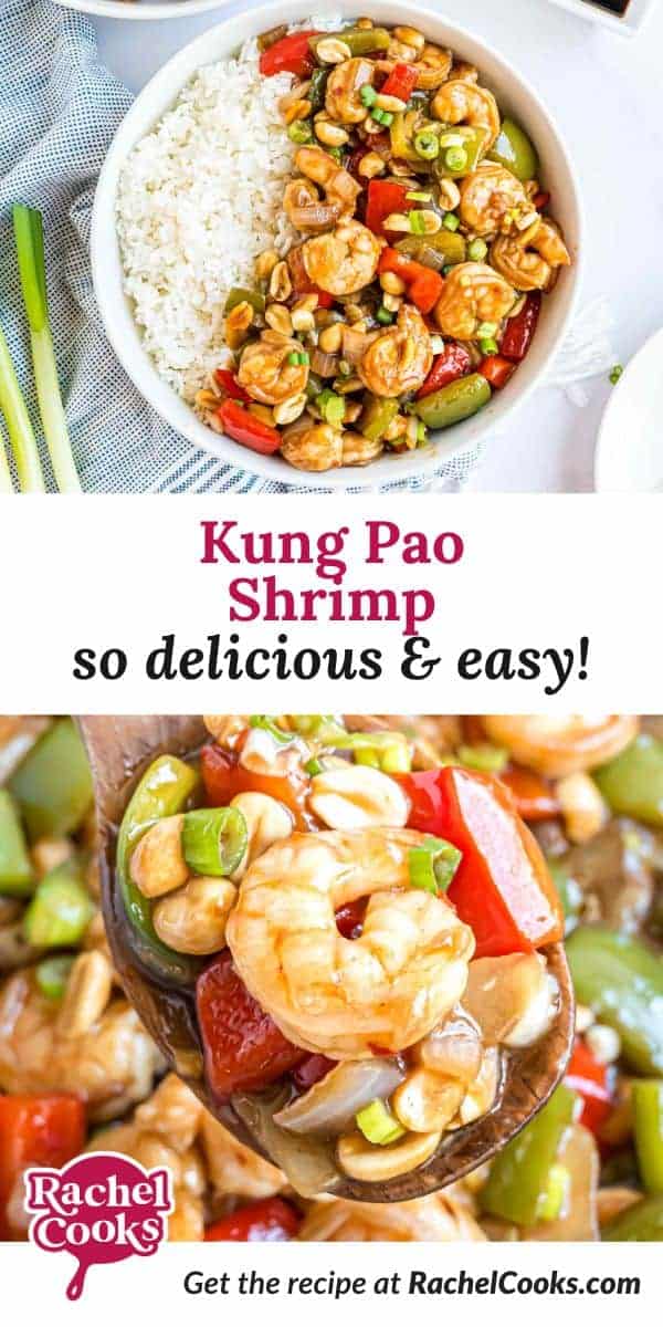 Kung pao shrimp Pinterest graphic with text and photos.