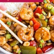 Kung pao shrimp Pinterest graphic with text and photos.