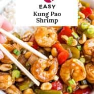 Kung pao shrimp Pinterest graphic with text and photos.