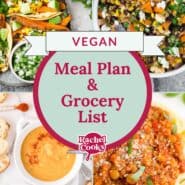 Vegan meal plan, meal plan 58, preview image with text and photos of recipes.
