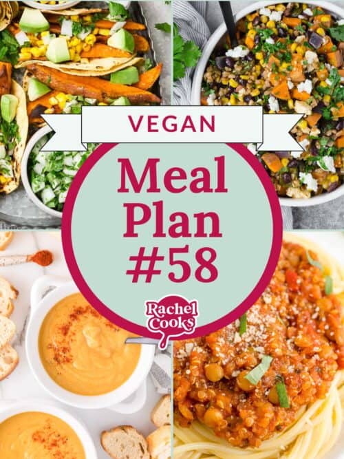 Vegan meal plan, meal plan 58, preview image with text and photos of recipes.
