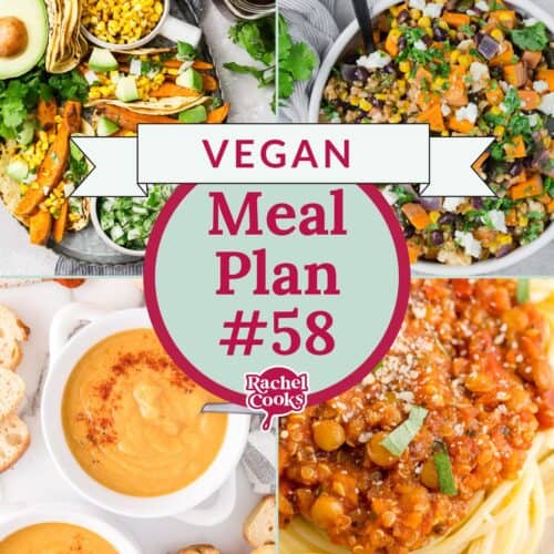 Vegan meal plan, meal plan 58, preview image with text and photos of recipes.