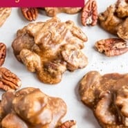 Pecan Pralines Pinterest graphic with text and photos.