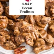 Pecan Pralines Pinterest graphic with text and photos.