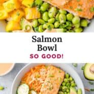 Salmon bowl Pinterest graphic with text and photos.