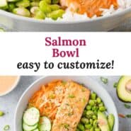 Salmon bowl Pinterest graphic with text and photos.