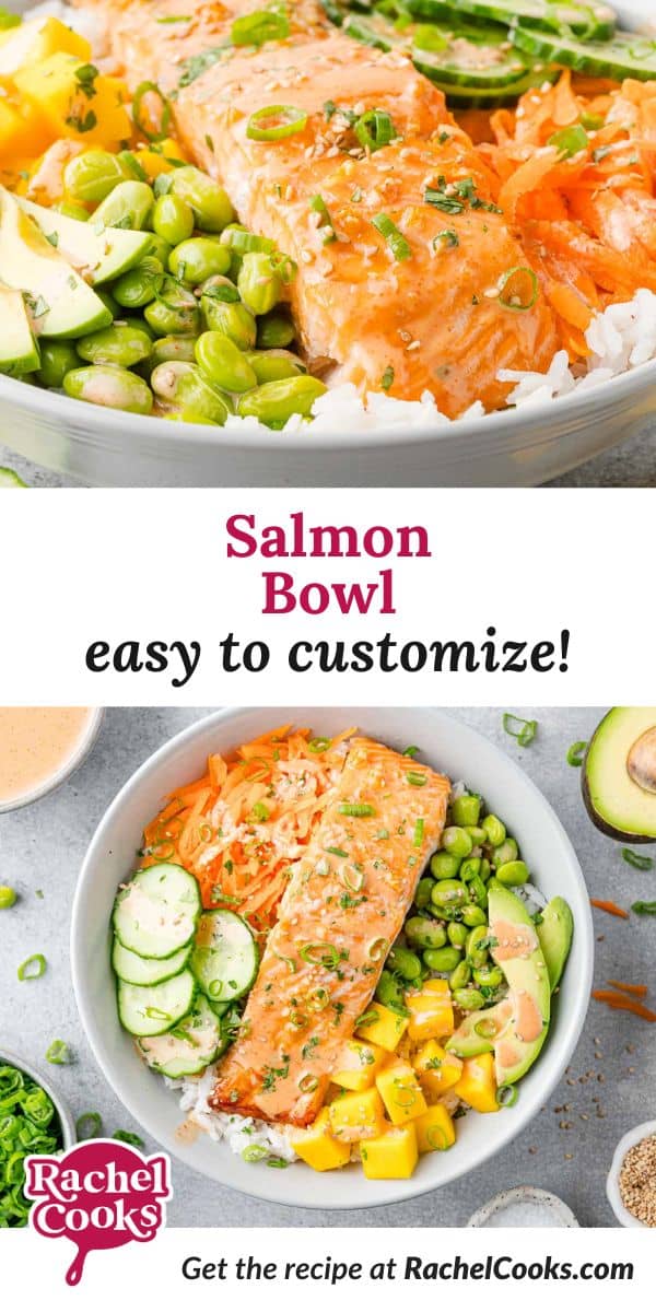 Salmon bowl Pinterest graphic with text and photos.