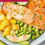 Salmon bowl Pinterest graphic with text and photos.