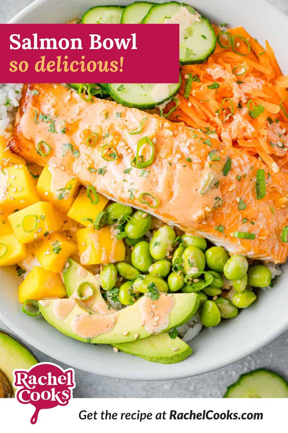 Salmon bowl Pinterest graphic with text and photos.