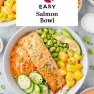 Salmon bowl Pinterest graphic with text and photos.