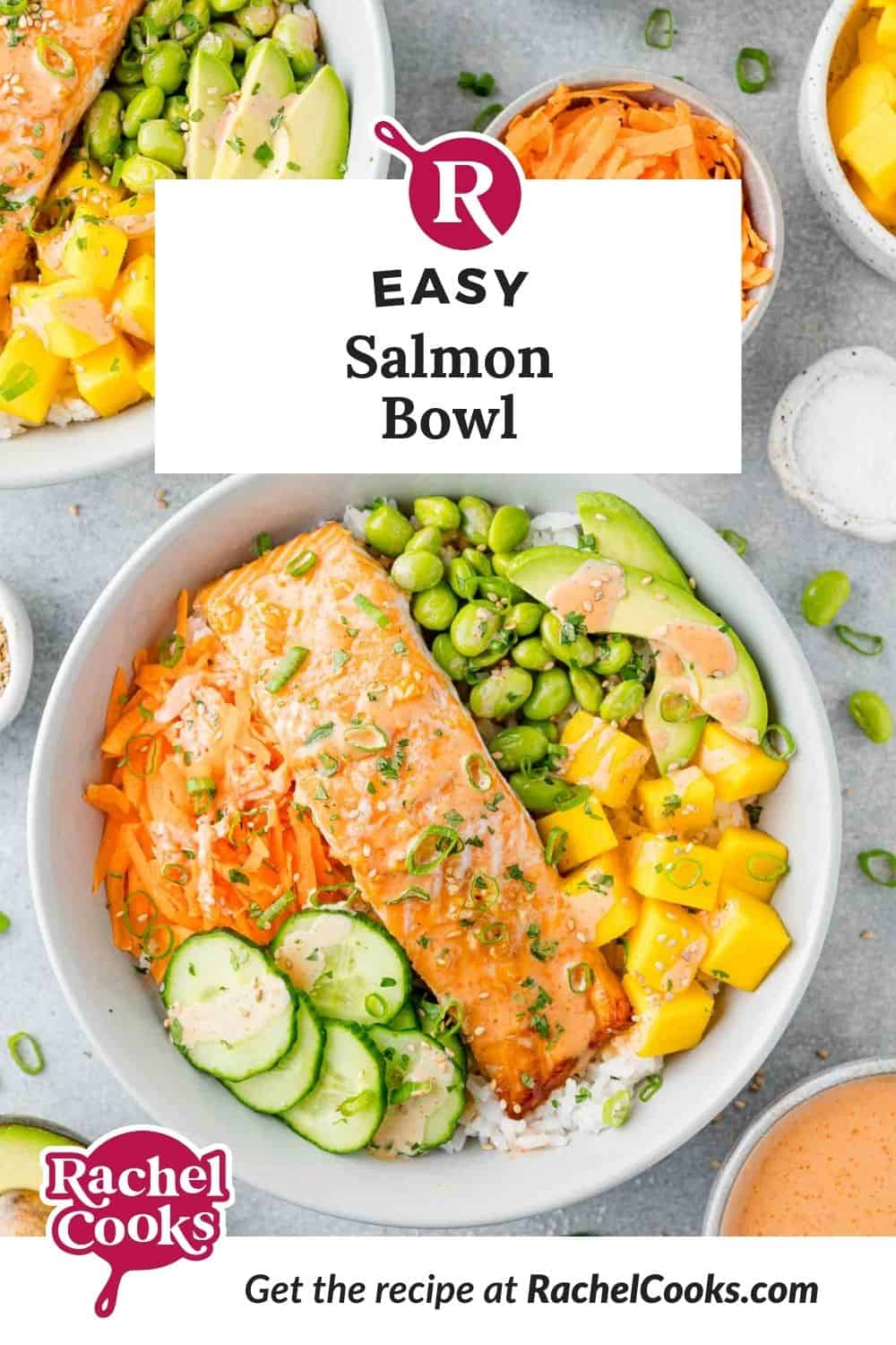 Salmon bowl Pinterest graphic with text and photos.