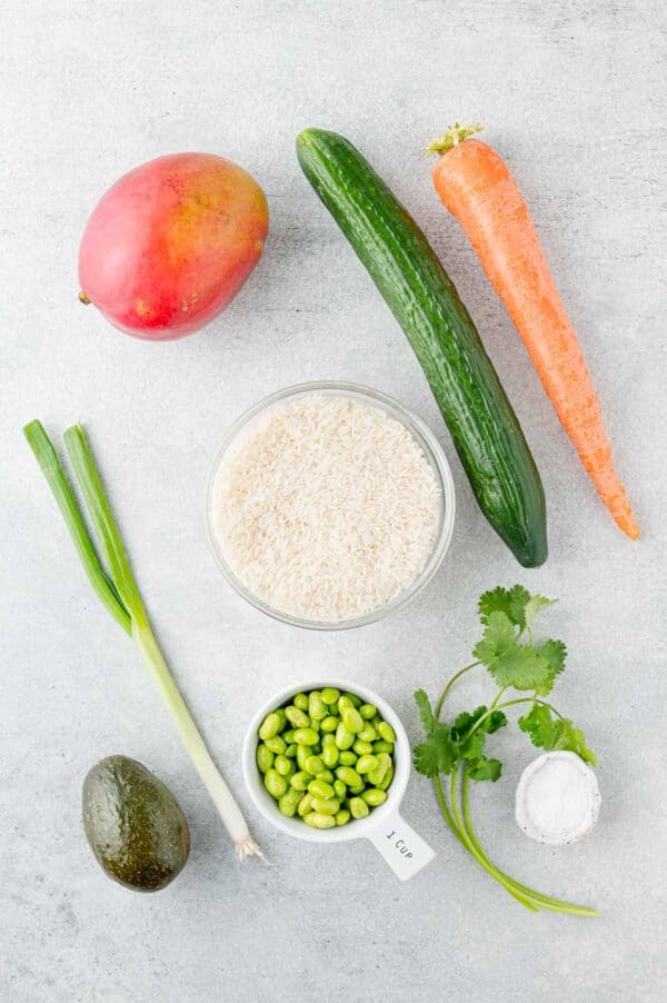 Overhead view of ingredients needed for salmon bowl.