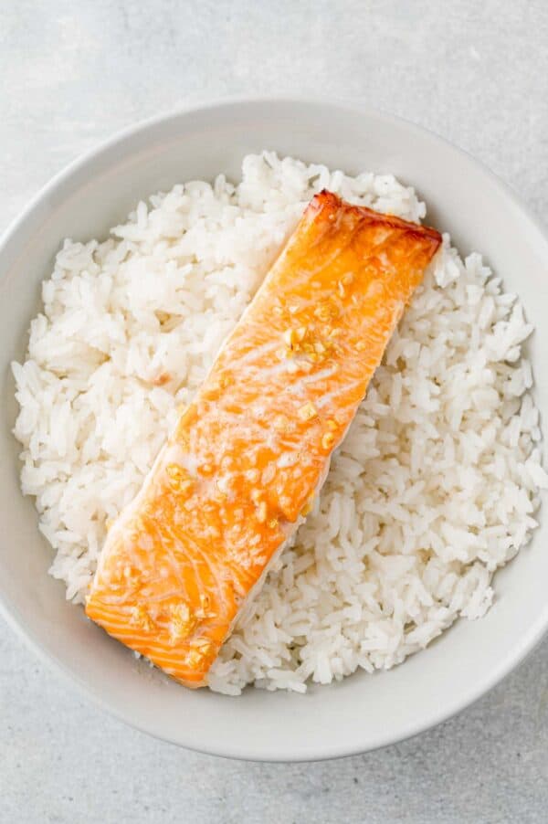 Salmon on top of rice.