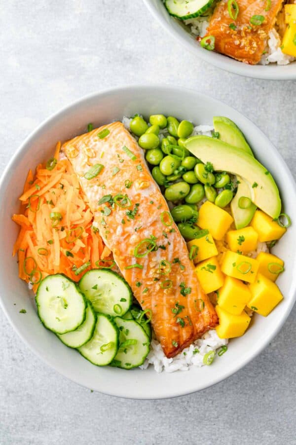 Salmon bowl, sauce not yet added.