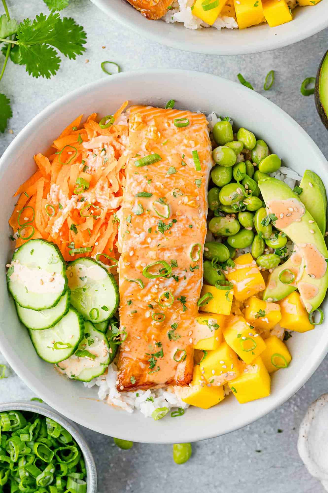 Close up view of salmon bowl, showing salmon and lots of colorful fruits and vegetables.