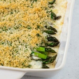 Asparagus casserole, topped with seasoned bread crumbs.