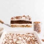 Chocolate delight, a layered chocolate dessert, held on a spatula.