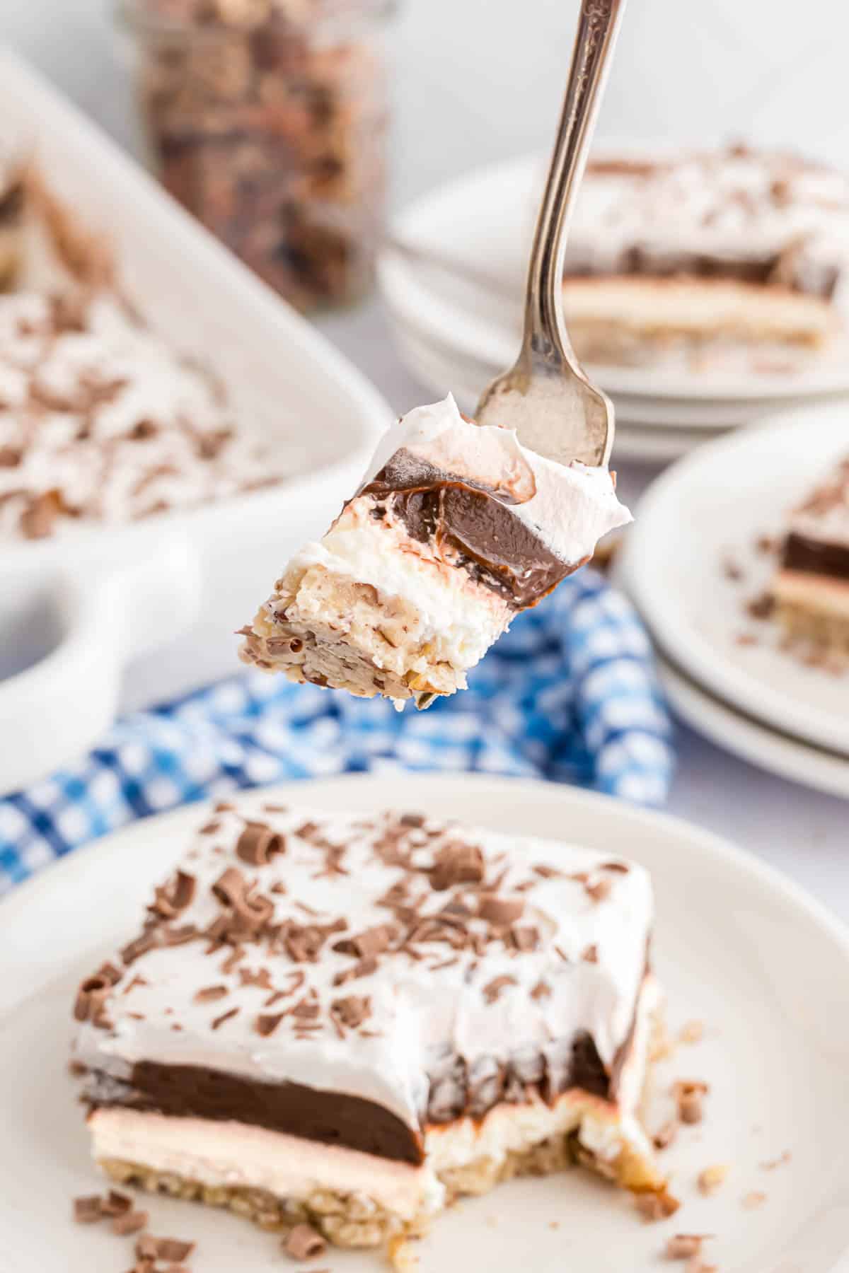 Bite of chocolate delight on a fork.