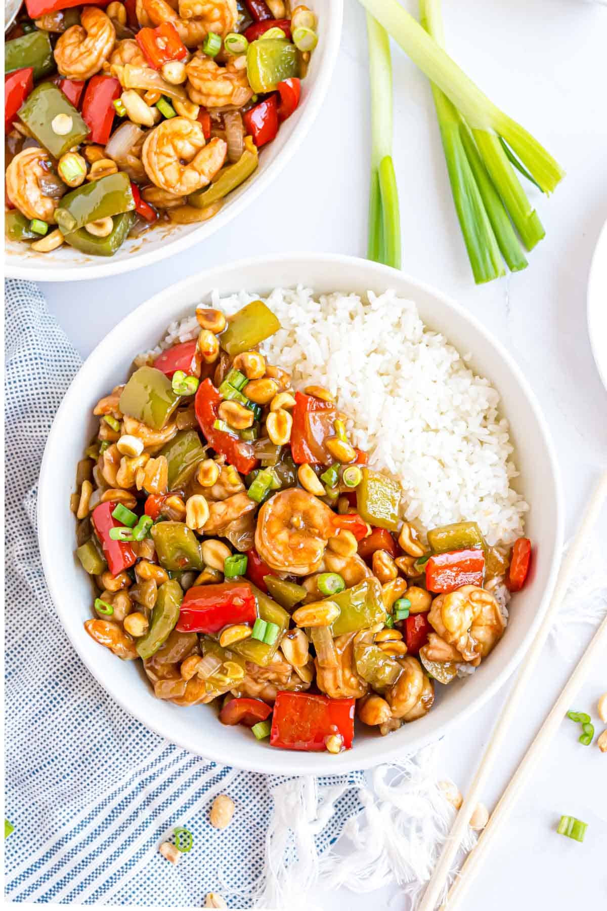 Overehead view of Kung Pao shrimp, served with jasmine rice.