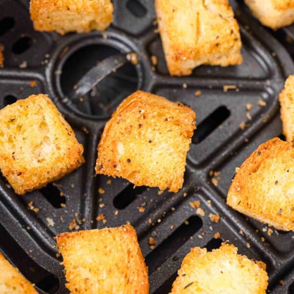 Air fryer croutons, still in air fryer.