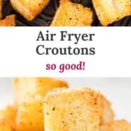 Air fryer croutons Pinterest graphic with text and photos.