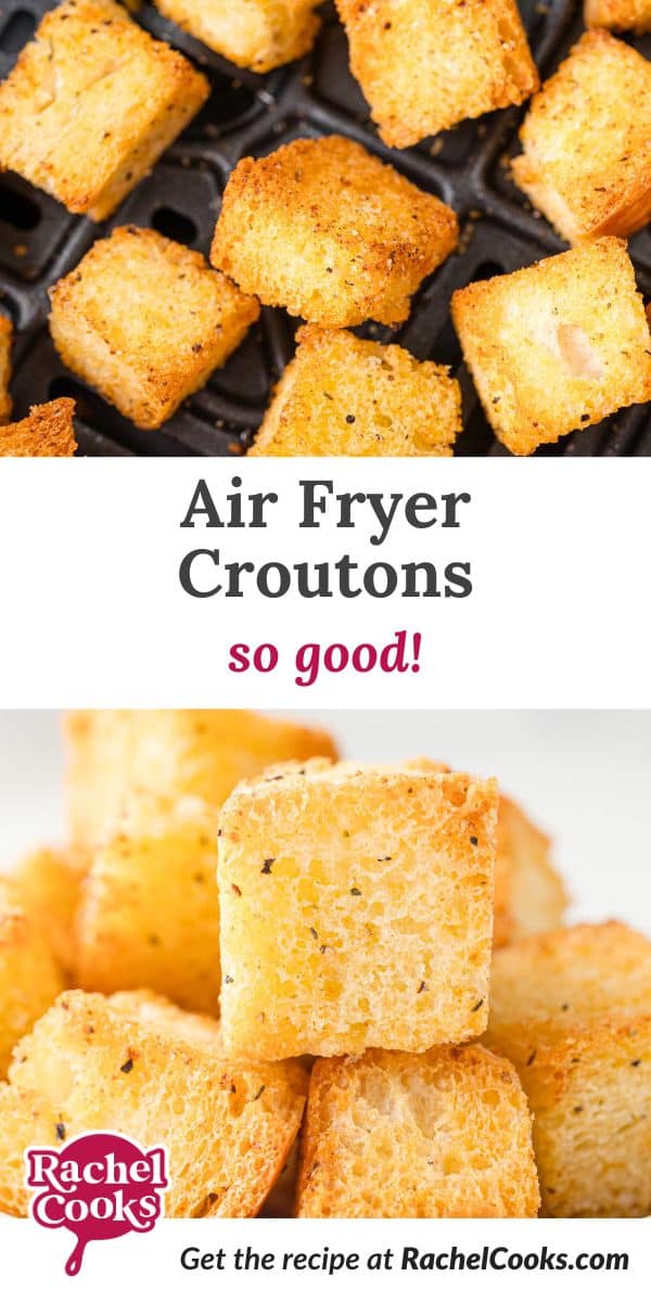 Air fryer croutons Pinterest graphic with text and photos.