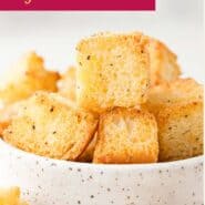 Air fryer croutons Pinterest graphic with text and photos.