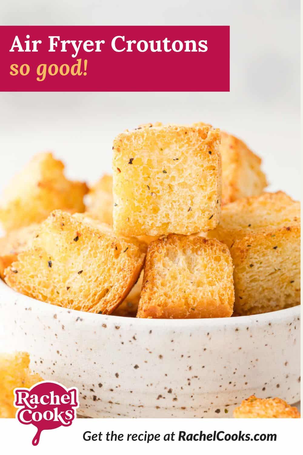 Air fryer croutons Pinterest graphic with text and photos.
