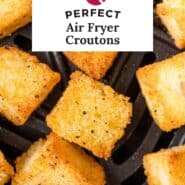 Air fryer croutons Pinterest graphic with text and photos.