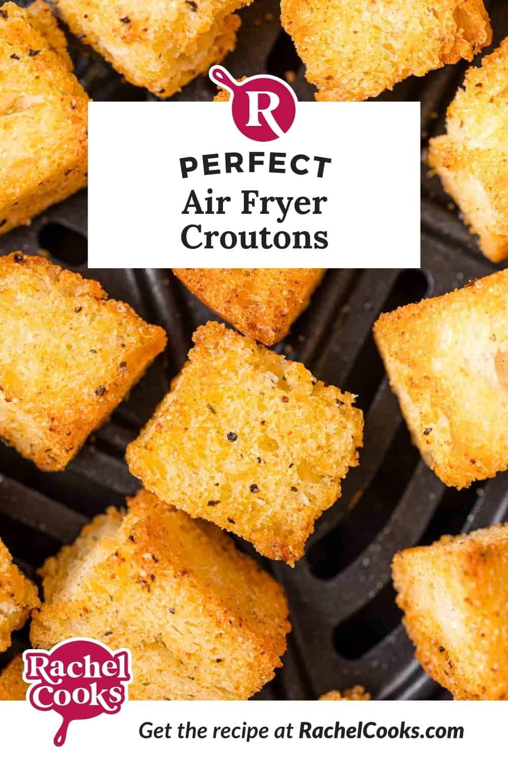 Air fryer croutons Pinterest graphic with text and photos.