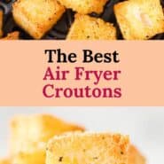 Air fryer croutons Pinterest graphic with text and photos.