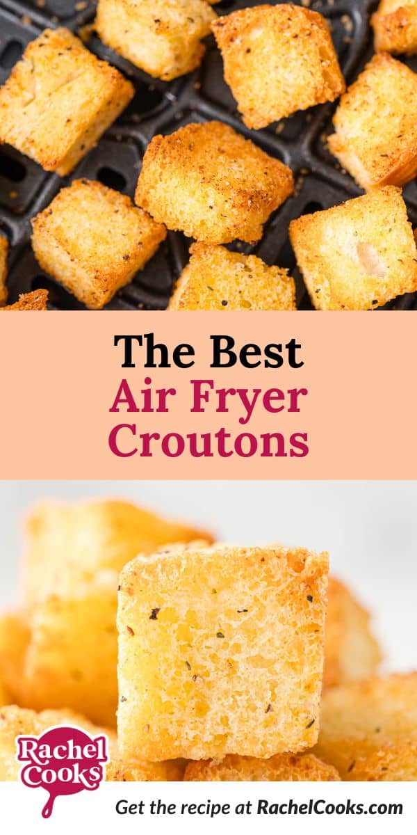 Air fryer croutons Pinterest graphic with text and photos.