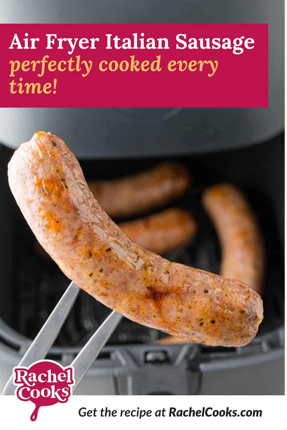 Air fryer Italian sausage Pinterest graphic with text and photos.