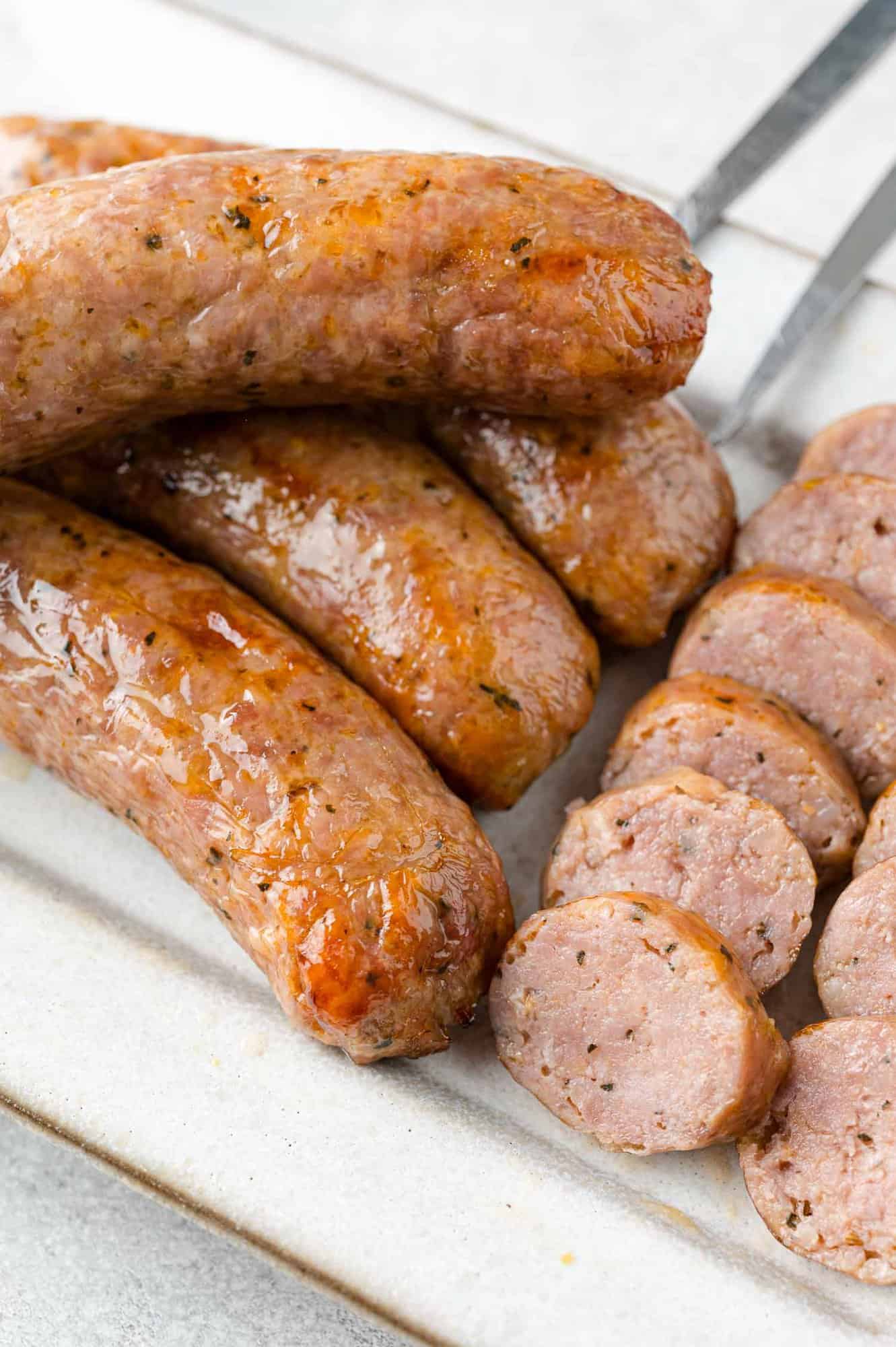 Air fryer Italian sausage, whole and sliced. 
