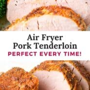 Air fryer pork tenderloin Pinterest graphic with text and photos.