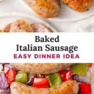 Baked Italian sausage Pinterest graphic with text and photos.