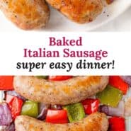 Baked Italian sausage Pinterest graphic with text and photos.