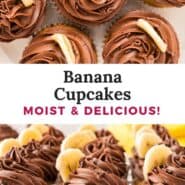 Banana cupcakes Pinterest graphic with text and photos.