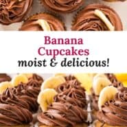 Banana cupcakes Pinterest graphic with text and photos.