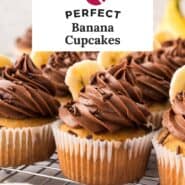 Banana cupcakes Pinterest graphic with text and photos.