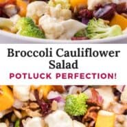 Pinterest graphic for broccoli cauliflower salad with text and photos.