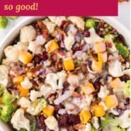 Pinterest graphic for broccoli cauliflower salad with text and photos.