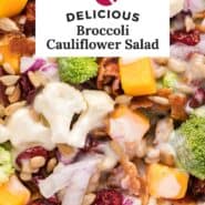 Pinterest graphic for broccoli cauliflower salad with text and photos.