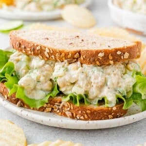 Chickpea salad sandwich on wheat bread.
