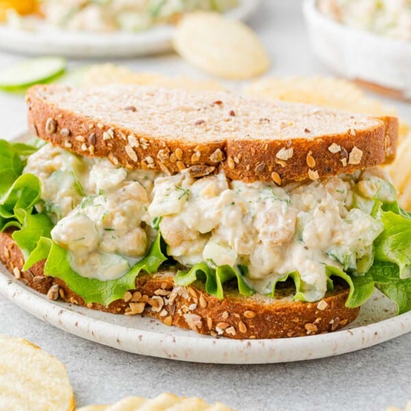 Chickpea salad sandwich on wheat bread.