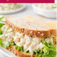 Chickpea salad sandwich Pinterest graphic with text and photos.