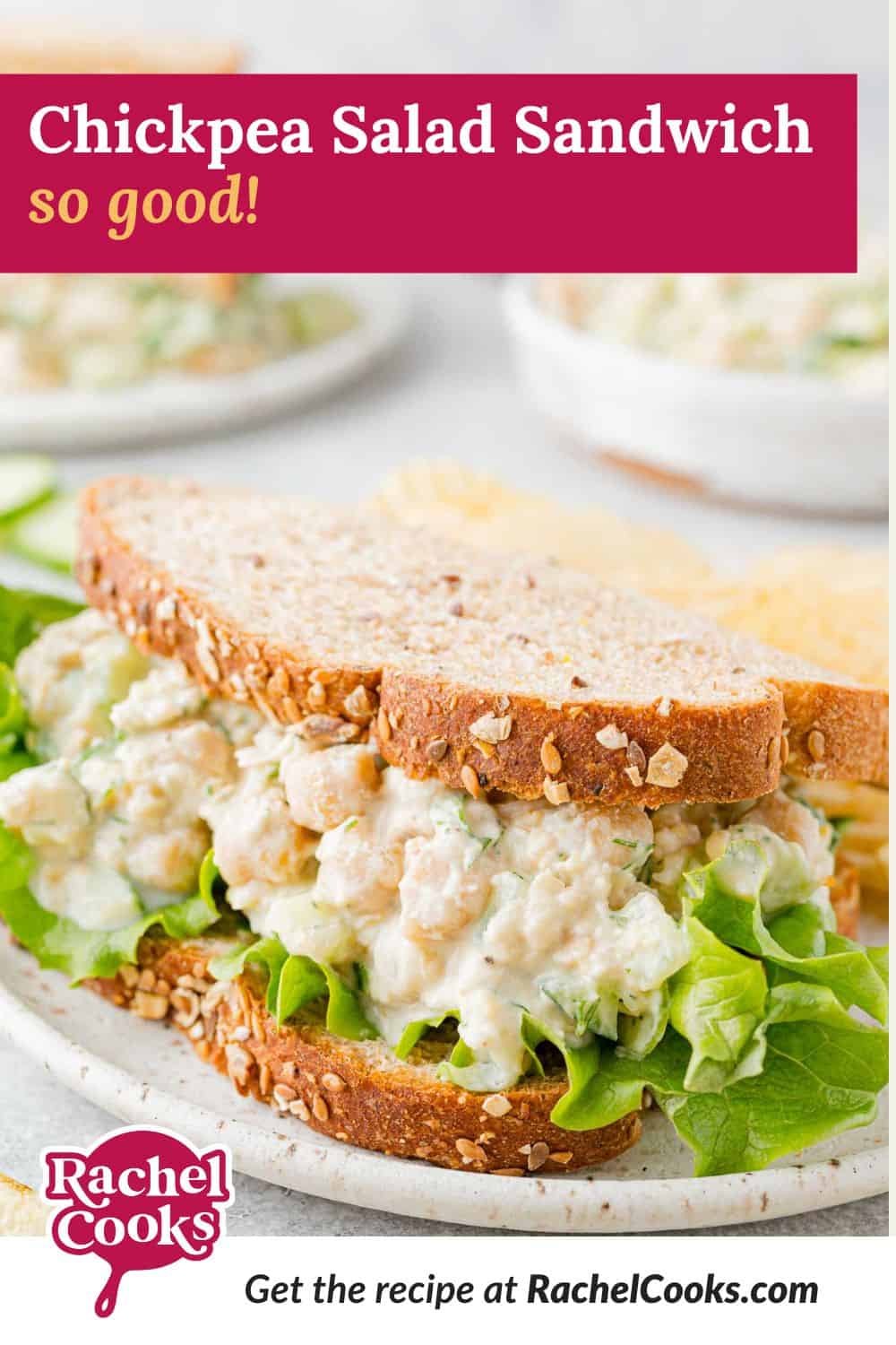 Chickpea salad sandwich Pinterest graphic with text and photos.