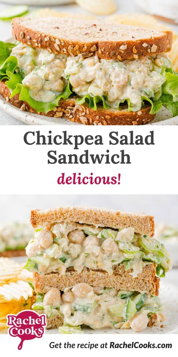 Chickpea salad sandwich Pinterest graphic with text and photos.